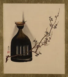 Pinturas de laca de varios temas: Rama de ciruelo con lámpara de aceite, 1882