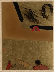 Tres hombres mirando un dibujo lacado enmarcado