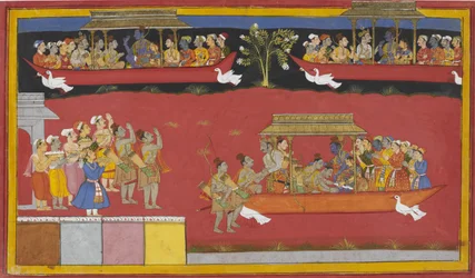 Bharata y Shatrughna llegan a Nandigrama, saludan a Rama, y el carro de Pushpaka parte.