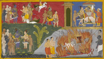 Bibhishana enciende la pira funeraria de Ravana, y Lakshmana ofrece pasteles de pinda a Rama.