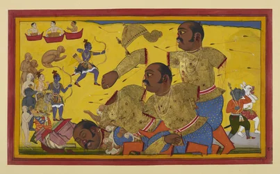 Kumbhakarṇa es asesinado por Rāma; los aliados se regocijan mientras Vibhīṣaṇa llora.