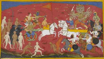 Los carros de Rama y Ravana cargan, y los caballos de Ravana se convierten en leones.