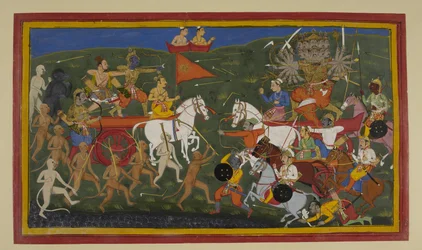 Rāma y Rāvaṇa luchan ferozmente mientras los presagios vaticinan la derrota de Rāvaṇa.
