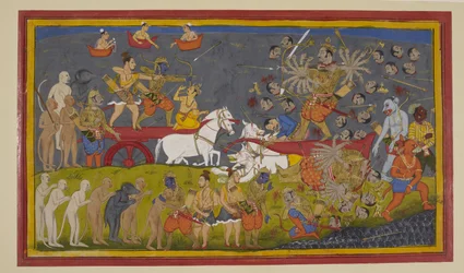 Rāma mata a Rāvaṇa con el arma Brahmā; los celestiales se regocijan y Vibhīṣaṇa le rinde homenaje.