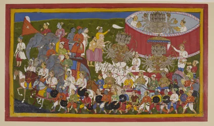 Rāvaṇa se prepara para la batalla con una armadura dorada, saludado por sus asistentes