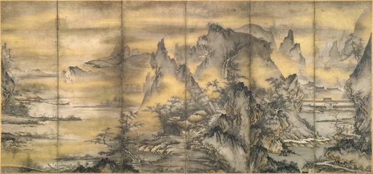 Japonés: 『式部輝忠筆 四季山水図屏風 室町時代 』 Paisaje de las cuatro estaciones, uno de un par