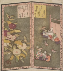 Flores de camelia a la izquierda, personas observando una pelea de gallos a la derecha, hacia 1820.