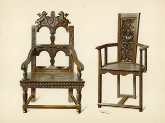 Silla de roble Cacqueteuse, propiedad de Percy Macquoid; Silla de tejo, propiedad del duque de Leeds