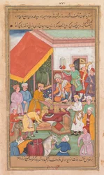 Timur distribuye regalos de su nieto, el Príncipe de Multan, de un Zafar-nama (Libro de las Victorias)
