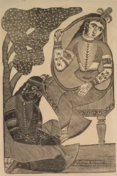 Krishna acariciando los pies de Radha, 1800s