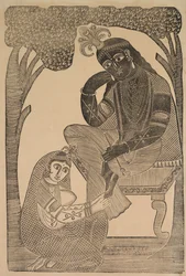 Radha acariciando los pies de Krishna, 1800s
