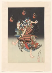 Nakamura Shikan II als de vos (kitsune) Genkurô en het toneelstuk ‘Hanayagura hitome senbon’, Teatro Naka