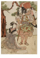 Una escena de kabuki con un actor en el papel de sacerdote de la montaña yamabushi con un altar ambulante a la espalda.