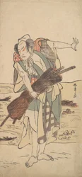 Arashi Sangoro como un samurái ronin de pie en la orilla, ca. 1777
