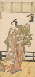 Arashi Sangoro como un samurái de pie en la veranda de una gran casa, 1774 o 1775
