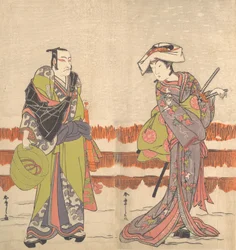 Ichikawa Danjuro Quinto como un Komuso sosteniendo un sombrero de cesta en su mano derecha, ca. 1775