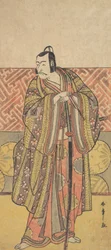 Ichikawa Danjuro V como Kudo Suketsune, ricamente vestido, apoyado en su espada