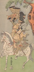 Ichikawa Danjuro V como un guerrero montado en un caballo gris moteado