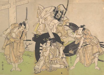 Actores de Kabuki Ichikawa Yaozo II, Nakajima Mihoemon II, Ichikawa Ebizo III, 7mo mes, 1776
