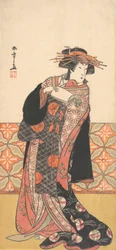 Nakamura Riko como cortesana ricamente vestida de pie en una habitación, ca. 1778