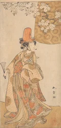 Segawa Tomisaburo en el papel de Musume Dojoji en Hanagatami Kazaori Eboshi, febrero de 1774