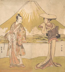 El actor Bando Mitsugoro como un hombre en vestimenta suntuosa, de pie en un campo, ca. 1778