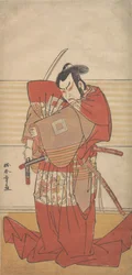 El actor Ishikawa Danjuro V realizando un acto de Shibaroku con una espada desenvainada en la mano