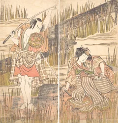 El actor Onoye Matsusuke con espada sostenida sobre su cabeza con ambas manos, ca. 1778