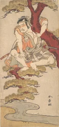 El actor Otani Hiroemon III observando desde las ramas de un pino, ca. 1775