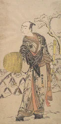 El primer Nakamura Nakazo como un Komuso de pie en la nieve junto a una cerca, ca. 1775