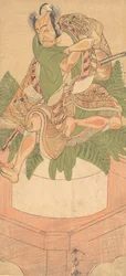 El Cuarto Ichikawa Danjuro como un Sirviente Yakko sentado sobre un Gran Pastel de Mochi