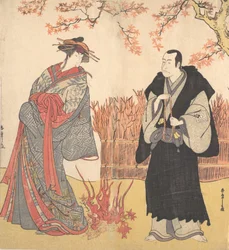 El segundo Segawa Tomisaburo como una alta cortesana de pie en una habitación, ca. 1785