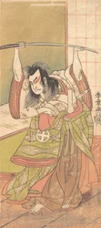 El tercer Otani Hiroji como un Daimyo de pie en el Engawa, ca. 1771