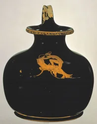 Oinochoe. Chica desnuda haciendo el amor subiendo al regazo de un chico, ca 430 AC