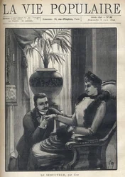 Un hombre de rodillas sostiene la mano de una mujer elegante, sentada en un salón burgués, vistiendo su abrigo, una manga y una bufanda de piel. Ilustración para 