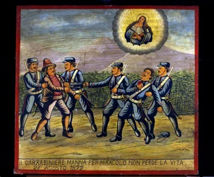 Ex-voto siciliano: “El carabinero Manna por milagro no pierde la vida el 27/08/1872”. Representación de un bandolerismo: Un ladrón disparó al carabinero Manna mientras los otros carabineros lo detenían
