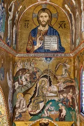 Capilla Palatina (Basílica), ábside sur o "absidiola" de San Pablo, mosaicos: "Cristo Pantocrátor" y "Natividad", siglo XII