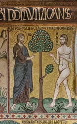 La Capilla Palatina (Basílica), ciclo de mosaicos sobre el Antiguo Testamento, ciclo de la Creación: "Dios introduce a Adán en el Edén", siglo XII