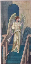 El heraldo del misterio... y allá, en un escenario, un heraldo con una trompeta, vestido como el ángel Gabriel