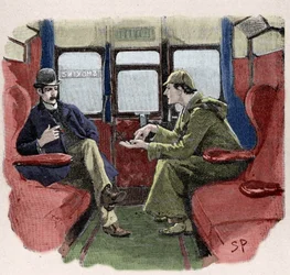 Silver Blaze: ilustración de Sydney Paget de una aventura de Sherlock Holmes. El famoso detective está representado con el Dr. Watson en un tren. Publicado en “The Strand Magazine”. Historia de Conan Doyle. 1892.
