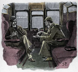 Silver Blaze: ilustración de Sydney Paget de una aventura de Sherlock Holmes. El famoso detective está representado con el Dr. Watson en un tren. Publicado en "The Strand Magazine". Historia de Conan Doyle. 1892.