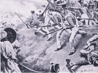 La batalla de Dubba, 24 de marzo de 1843, ilustración de British Battles on Land and Sea, 1915