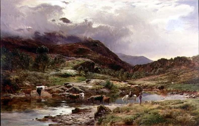 Escena de río montañoso con ganado en primer plano