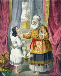Eli cuestionando a Samuel sobre la visión, de una biblia impresa por Edward Gover