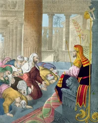 José recibiendo el homenaje de sus hermanos, de una biblia impresa por Edward Gover, 1870