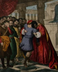 El perdón de José a sus hermanos, de una biblia impresa por Edward Gover
