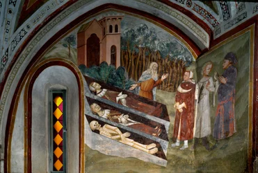 Encuentro de los muertos con los vivos (detalle). Fresco de la escuela de Siena. Siglo XIV. Monasterio de San Benito (Sacro Speco), Escalera, Subiaco (Roma), Italia