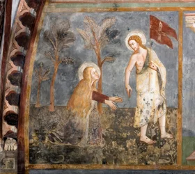 Noli me tangere (No me toques). Fresco de la escuela de Siena. Siglo XIV. Iglesia Superior. Monasterio de San Benito (Sacro Speco), Subiaco (Roma), Italia