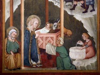 La Natividad (fresco de la escuela de Siena, siglo XIV, Capilla de la Virgen, Monasterio de San Benedetto)