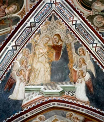 La coronación de la Virgen. Fresco de la Capilla de la Virgen, realizado por la escuela sienesa del siglo XIV. Monasterio de San Benito (Sacro Speco), Subiaco (Roma), Italia